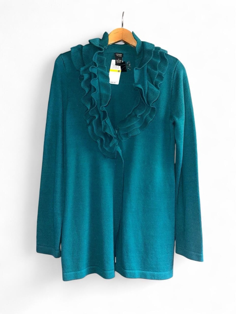 Rafaella Studio Ruffle Cardigan Sweater Long Teal Blue Green Women M Medium NWOT